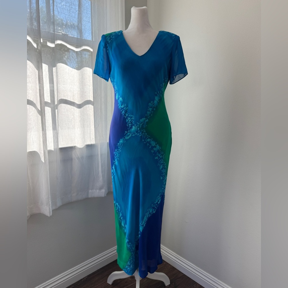Vintage ‘90s R.J. Collection by Chelsea Rousso Blue & Green Bodycon Maxi Dress